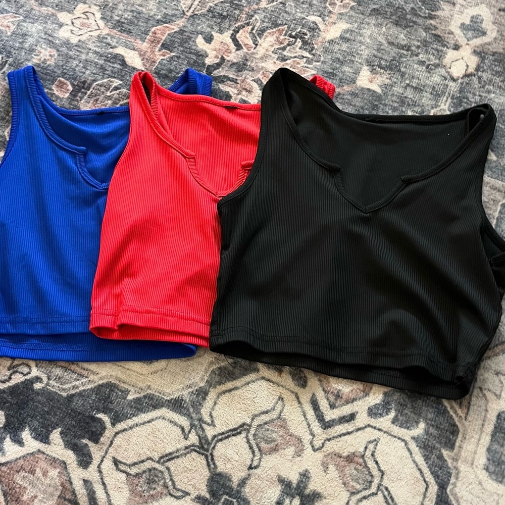 Set of Three Ribbed Crop Tops - Blue, Red, Black